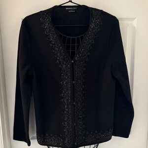 Vtg Theo Miles Black Beaded Cardigan Sweater Women L V-Neck Long Sleeve Knit EUC